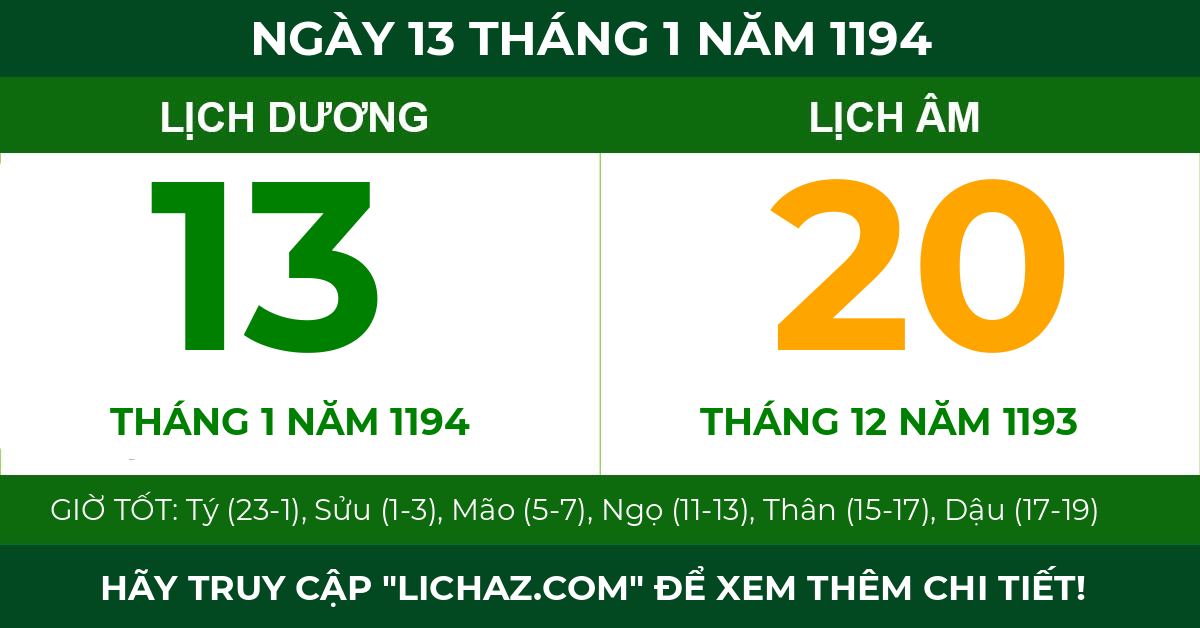 lịch âm ngày 13 tháng 1 năm 1194