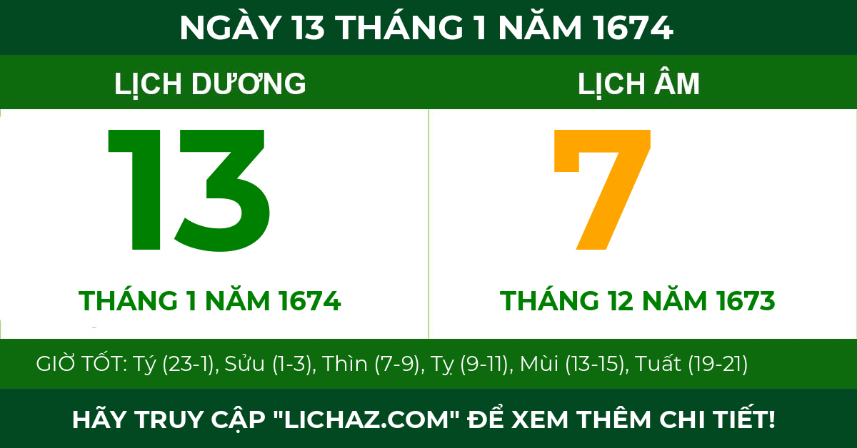 lịch âm ngày 13 tháng 1 năm 1674