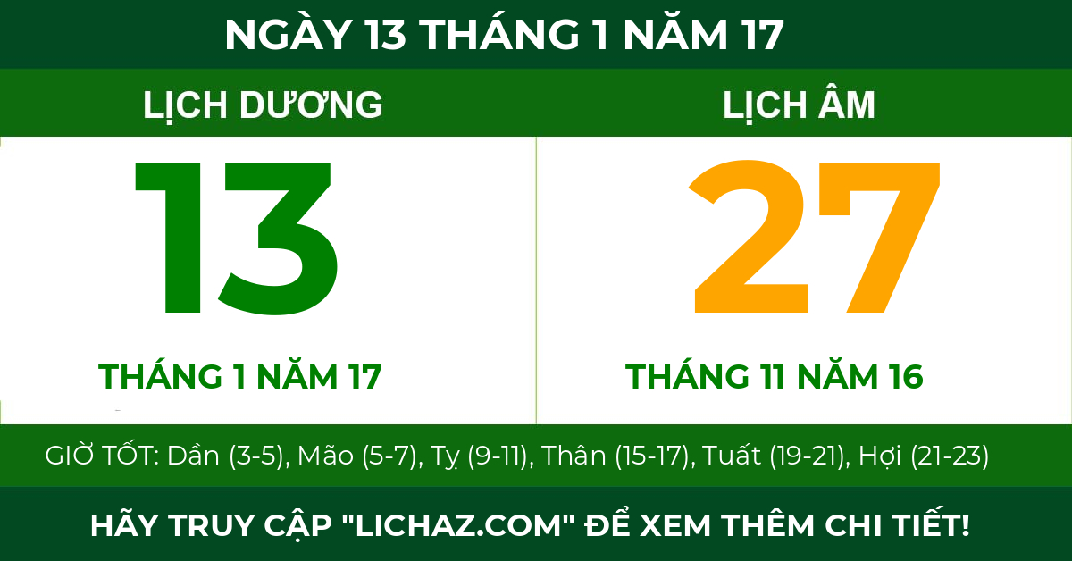 lịch âm ngày 13 tháng 1 năm 17
