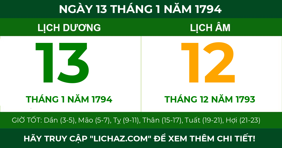 lịch âm ngày 13 tháng 1 năm 1794