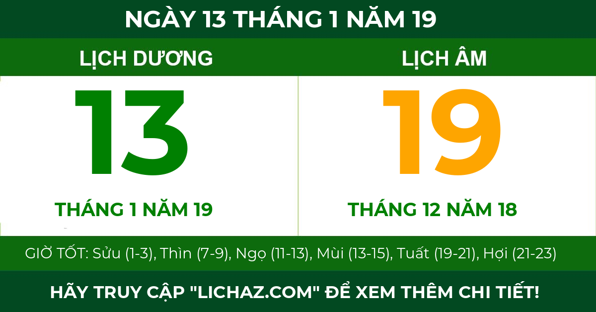 lịch âm ngày 13 tháng 1 năm 19