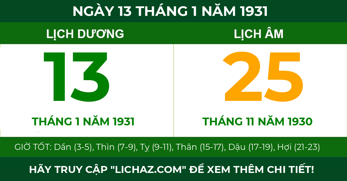 lịch âm ngày 13 tháng 1 năm 1931