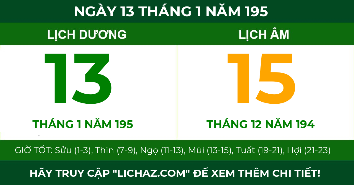 lịch âm ngày 13 tháng 1 năm 195