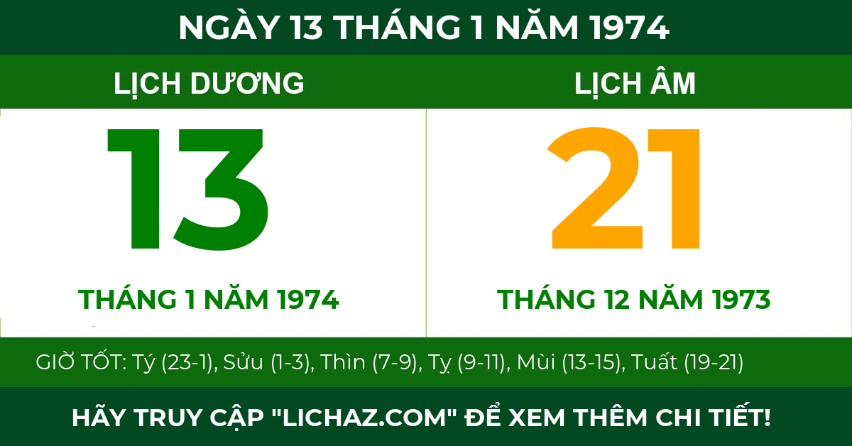 lịch âm ngày 13 tháng 1 năm 1974