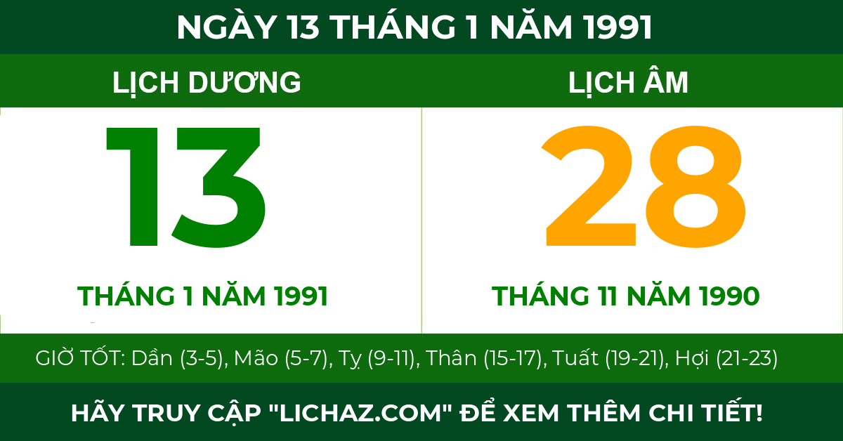 lịch âm ngày 13 tháng 1 năm 1991