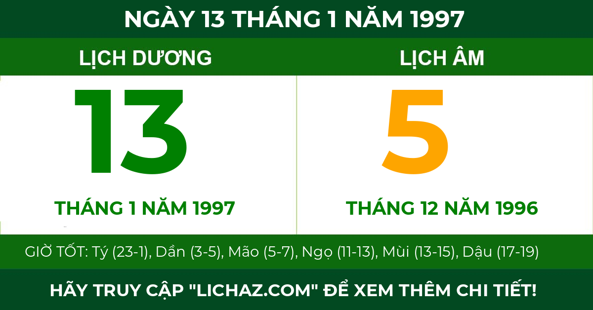 lịch âm ngày 13 tháng 1 năm 1997