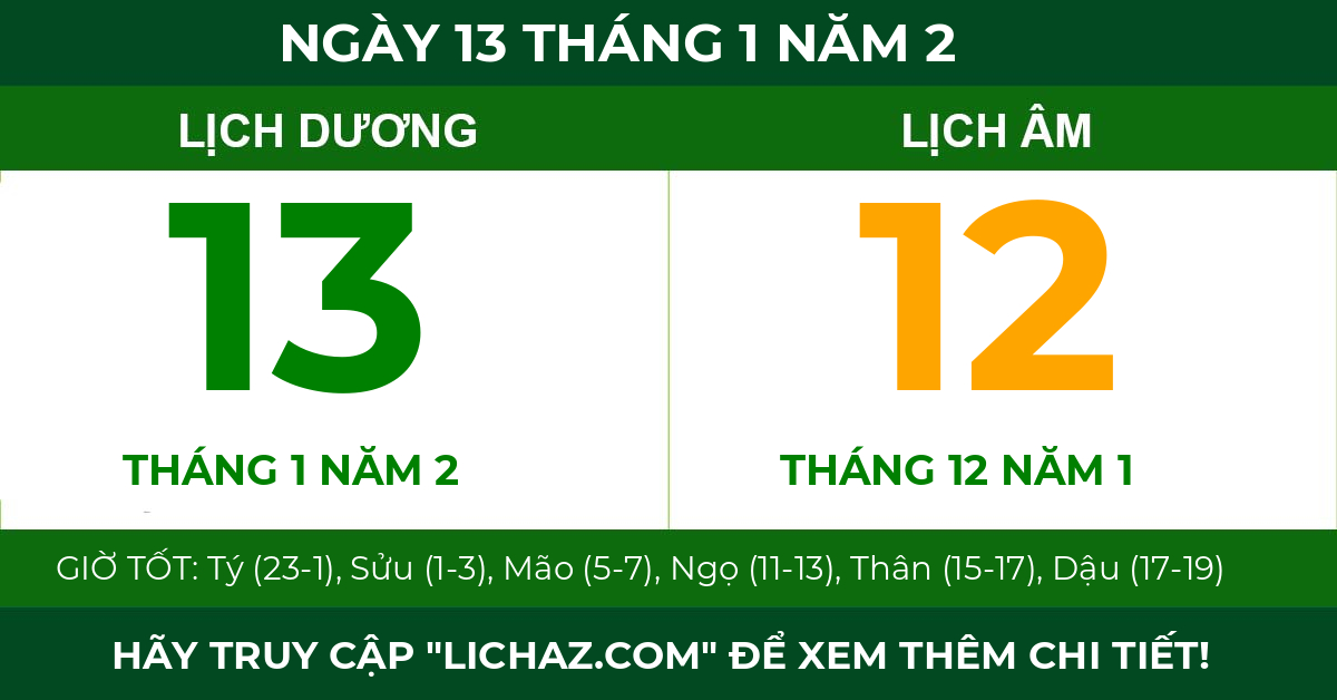 lịch âm ngày 13 tháng 1 năm 2