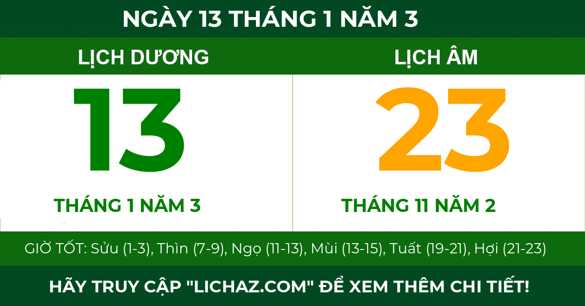 lịch âm ngày 13 tháng 1 năm 3