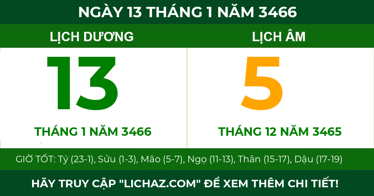 lịch âm ngày 13 tháng 1 năm 3466