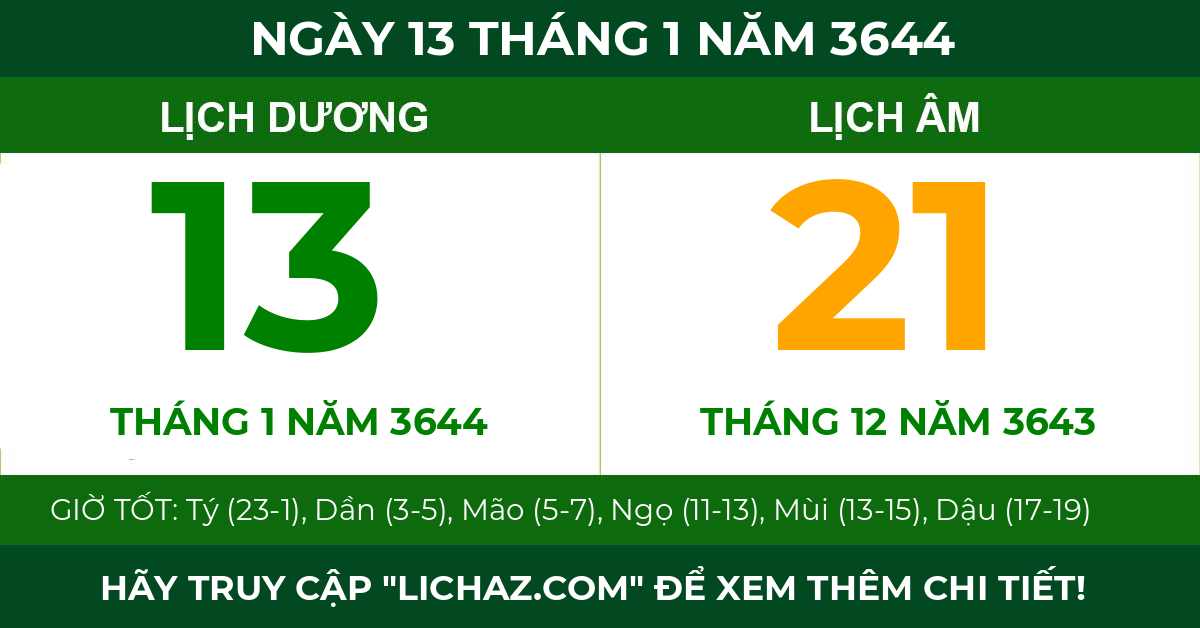 lịch âm ngày 13 tháng 1 năm 3644