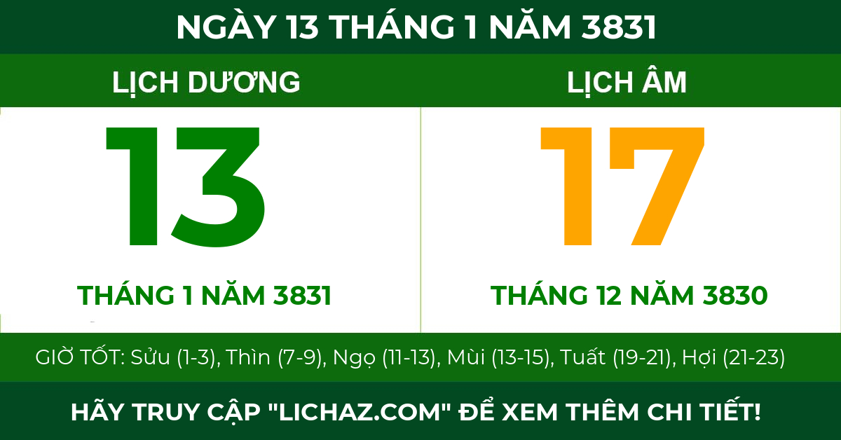 lịch âm ngày 13 tháng 1 năm 3831