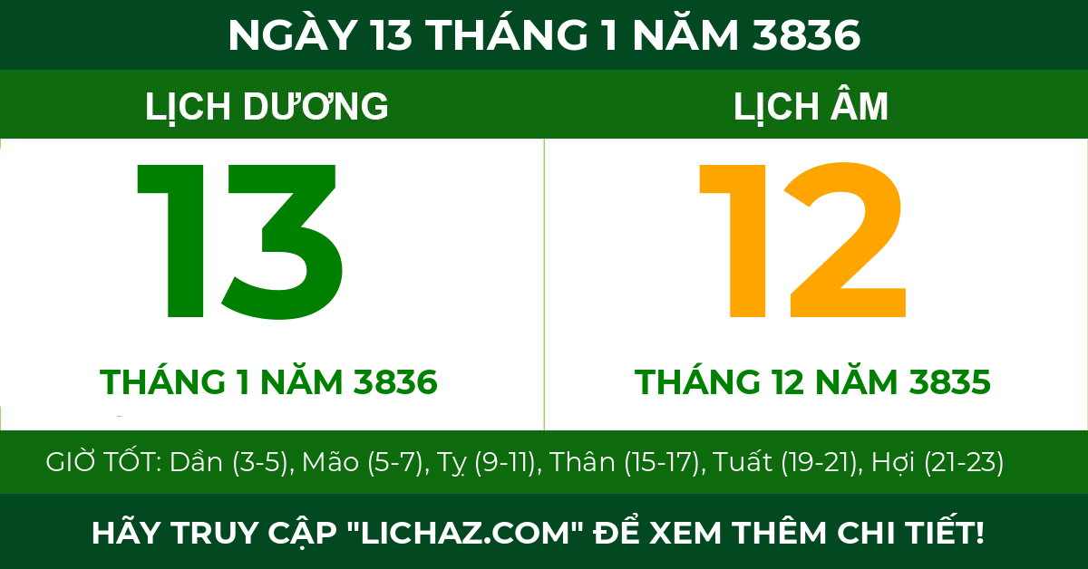 lịch âm ngày 13 tháng 1 năm 3836