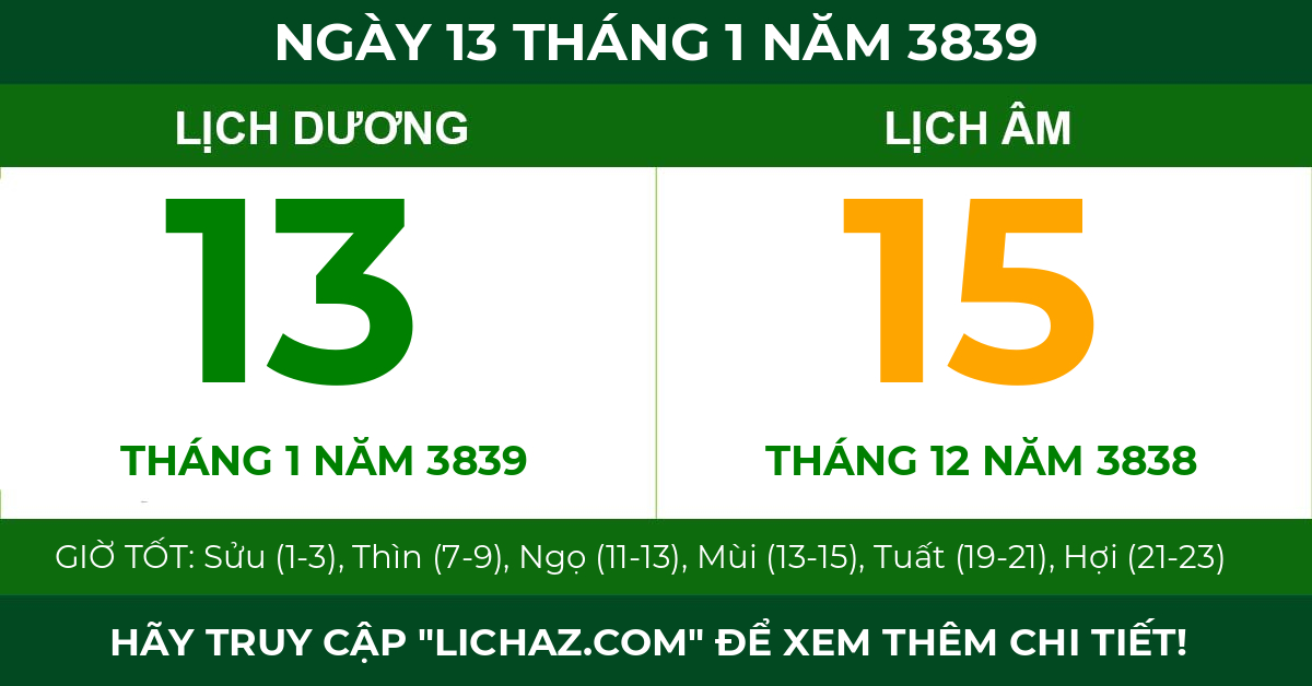 lịch âm ngày 13 tháng 1 năm 3839