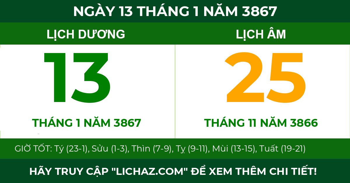 lịch âm ngày 13 tháng 1 năm 3867