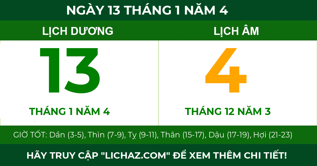 lịch âm ngày 13 tháng 1 năm 4