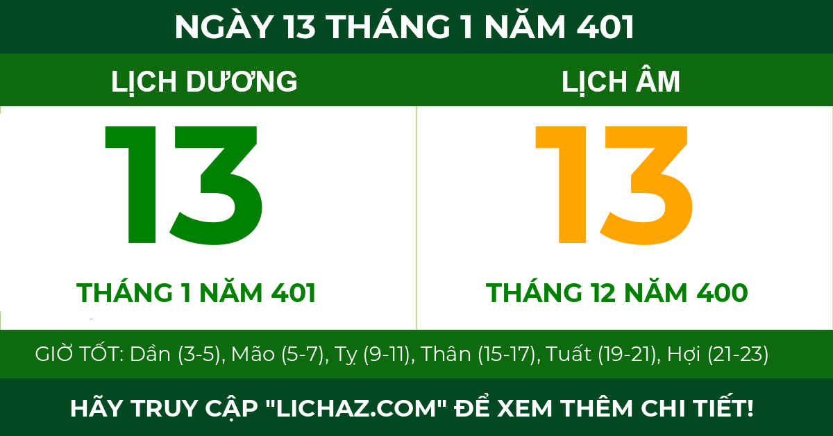 lịch âm ngày 13 tháng 1 năm 401