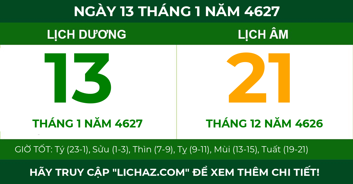 lịch âm ngày 13 tháng 1 năm 4627