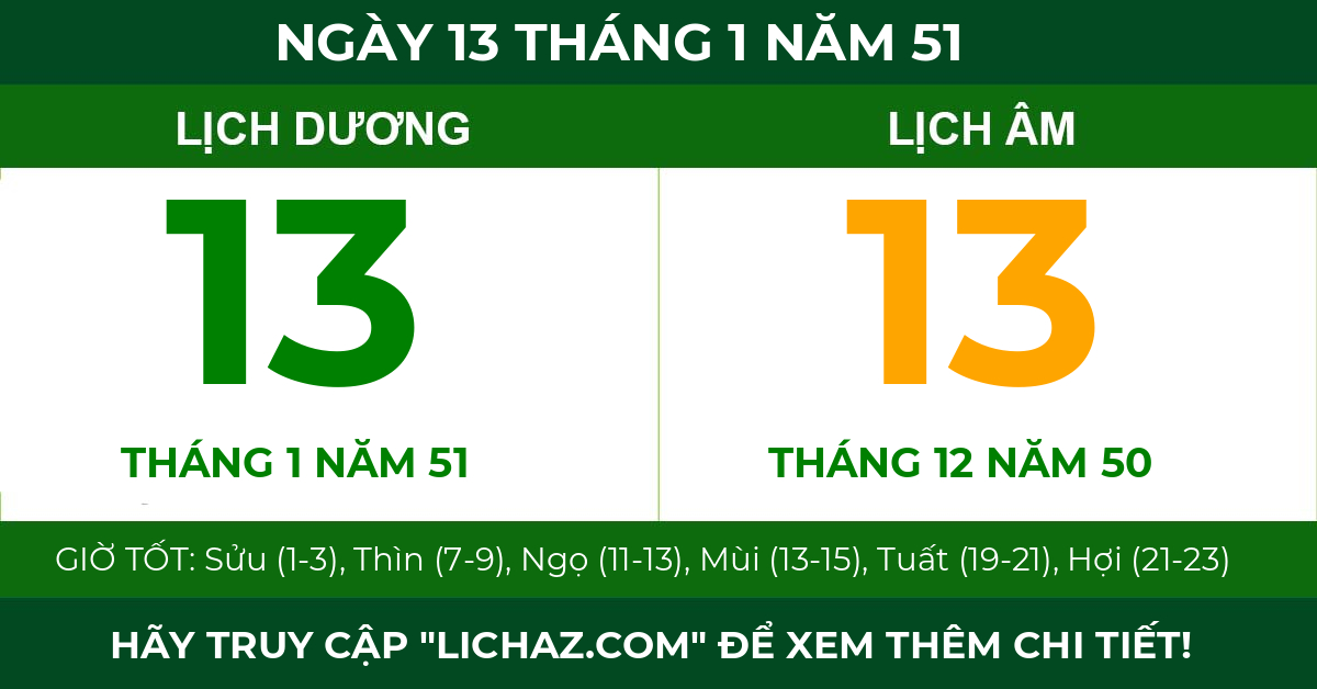 lịch âm ngày 13 tháng 1 năm 51