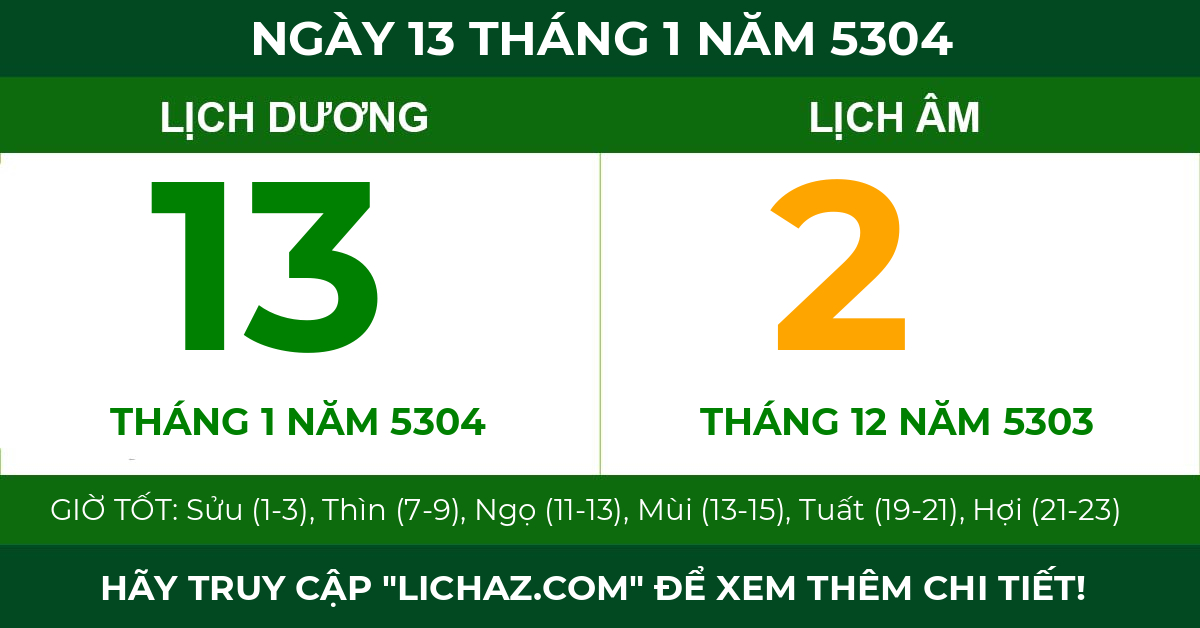 lịch âm ngày 13 tháng 1 năm 5304