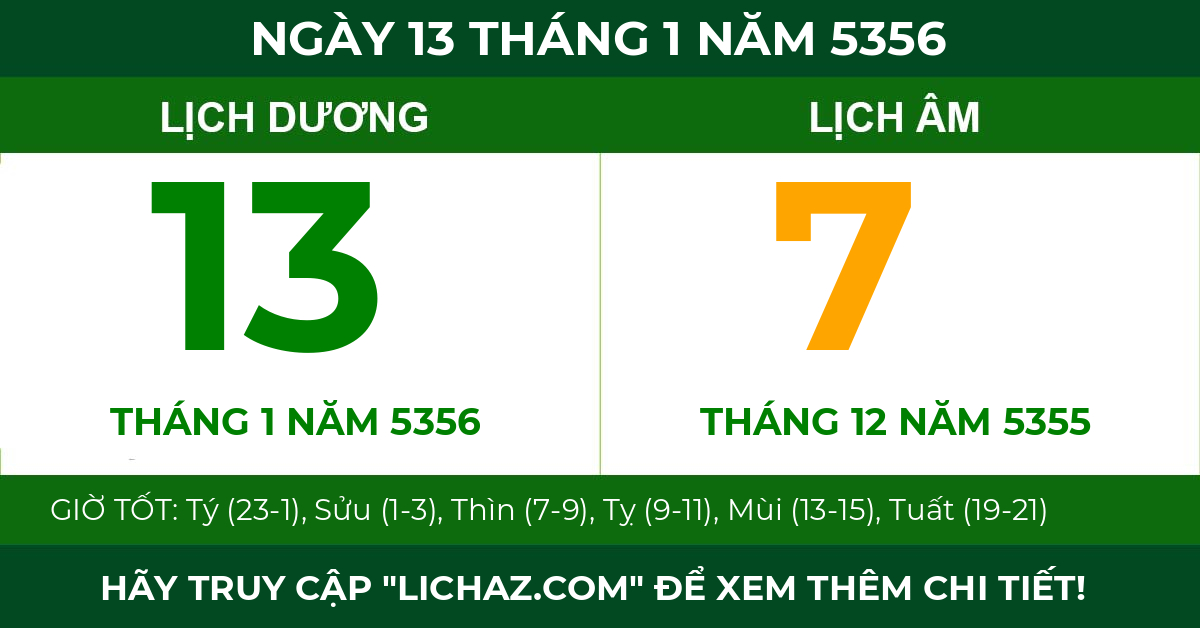 lịch âm ngày 13 tháng 1 năm 5356