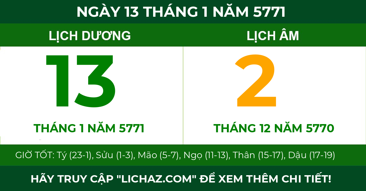 lịch âm ngày 13 tháng 1 năm 5771