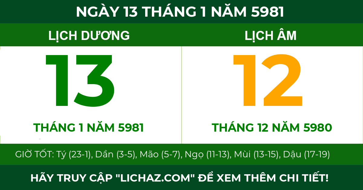 lịch âm ngày 13 tháng 1 năm 5981