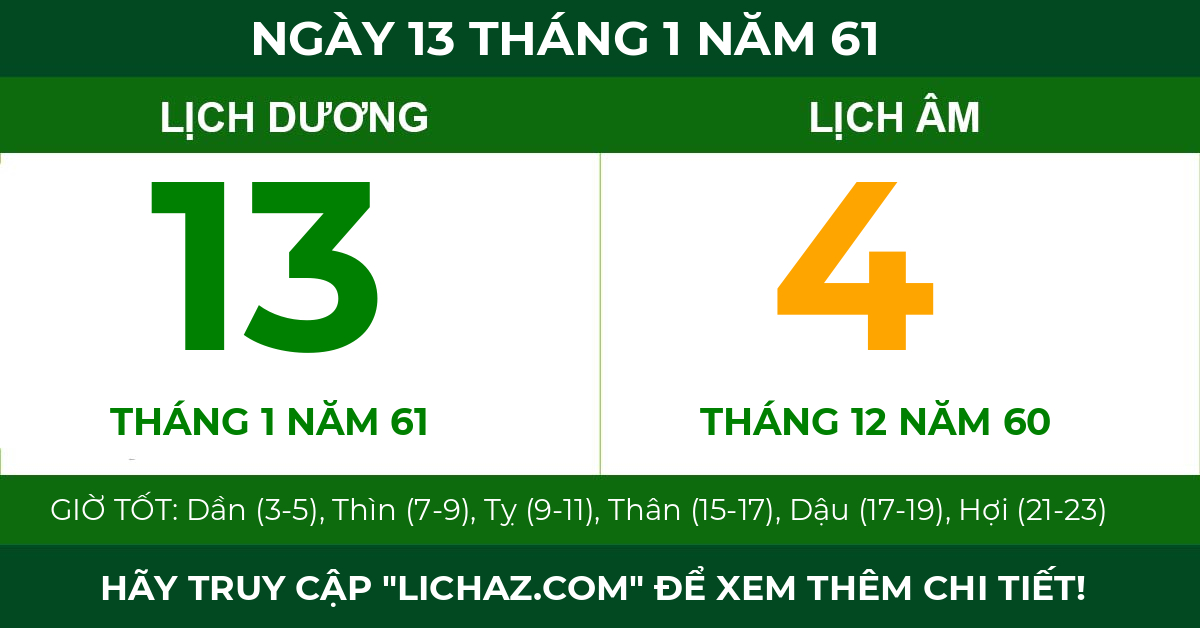 lịch âm ngày 13 tháng 1 năm 61