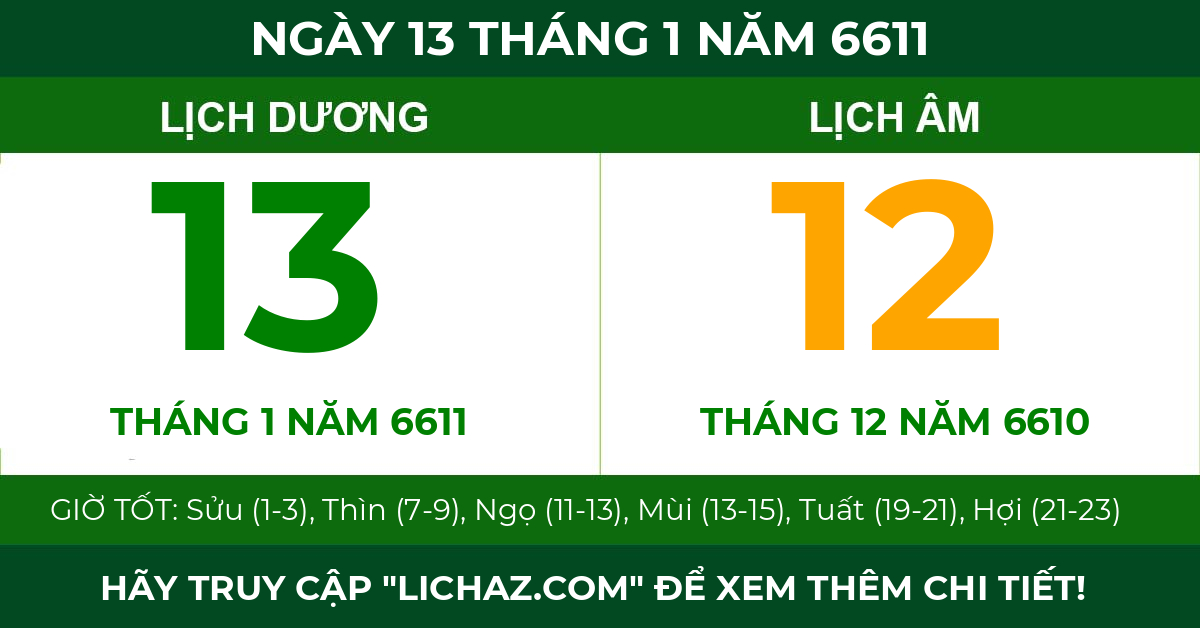 lịch âm ngày 13 tháng 1 năm 6611