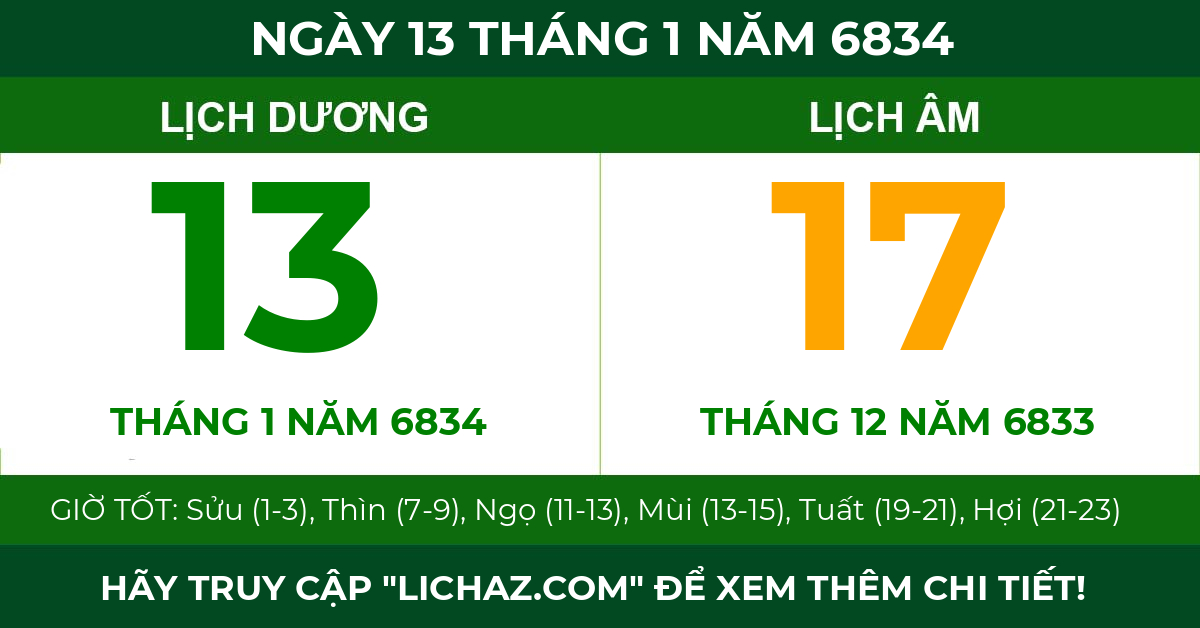 lịch âm ngày 13 tháng 1 năm 6834
