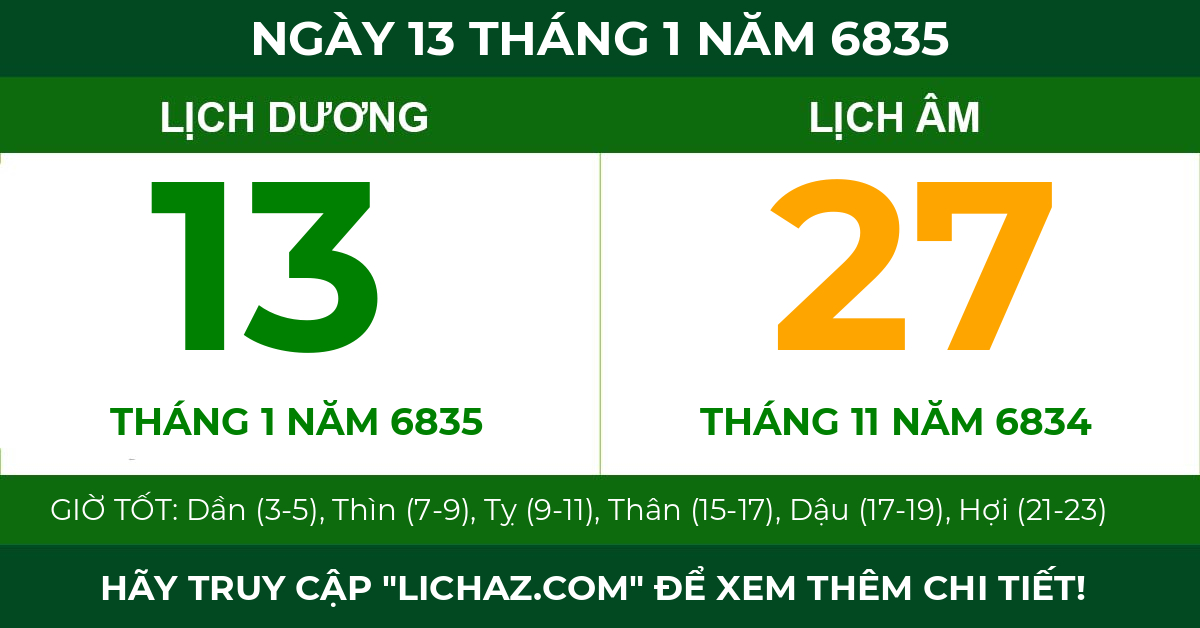 lịch âm ngày 13 tháng 1 năm 6835
