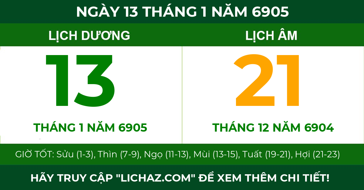 lịch âm ngày 13 tháng 1 năm 6905
