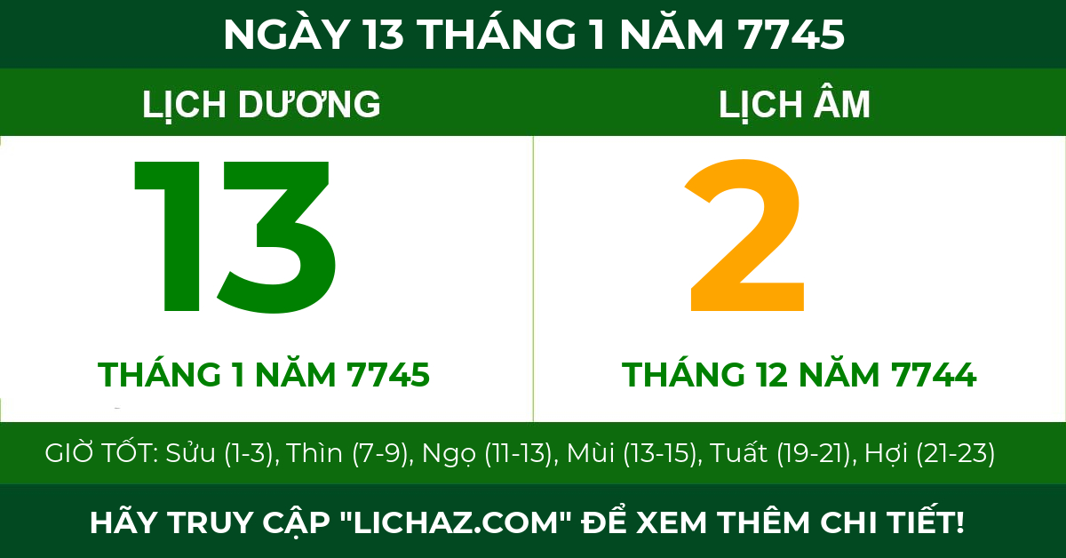 lịch âm ngày 13 tháng 1 năm 7745