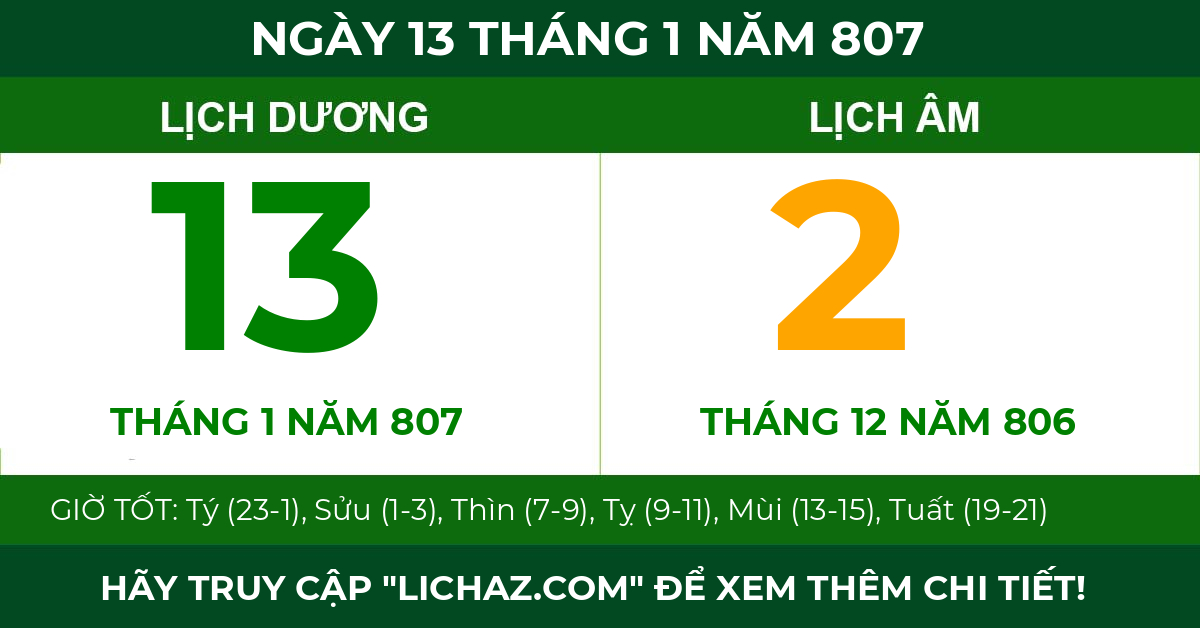 lịch âm ngày 13 tháng 1 năm 807