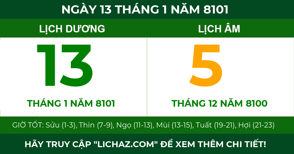 lịch âm ngày 13 tháng 1 năm 8101