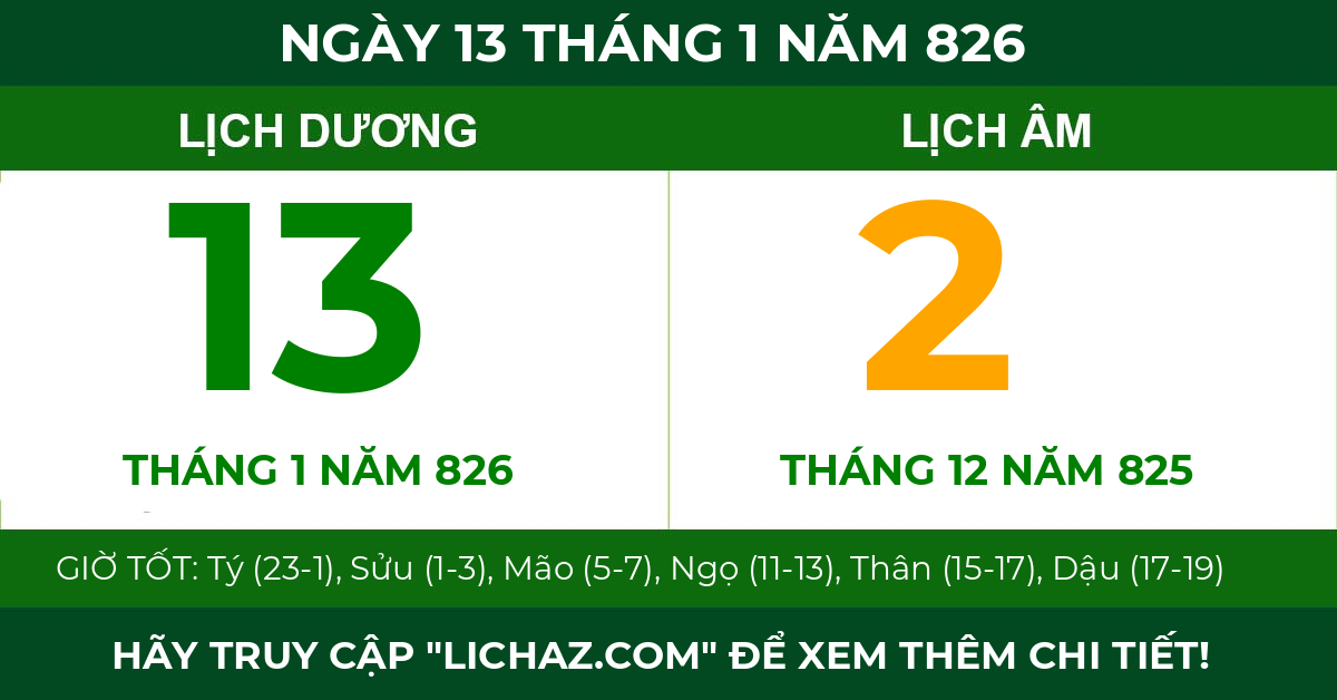 lịch âm ngày 13 tháng 1 năm 826