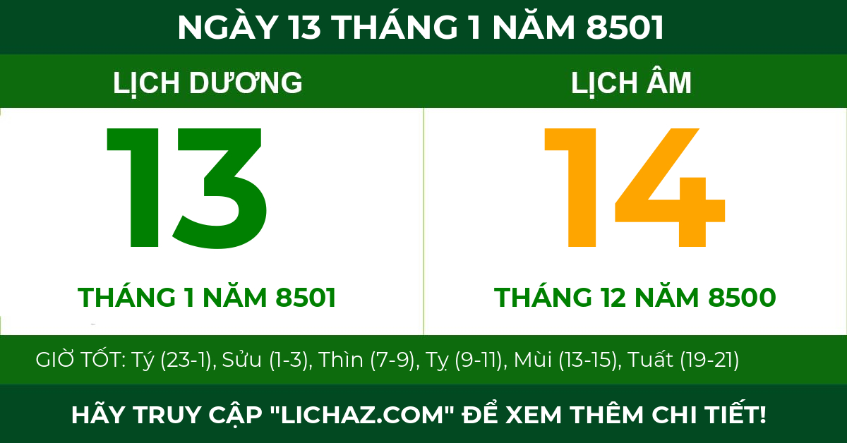 lịch âm ngày 13 tháng 1 năm 8501