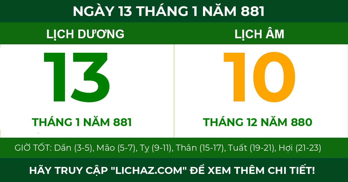 lịch âm ngày 13 tháng 1 năm 881