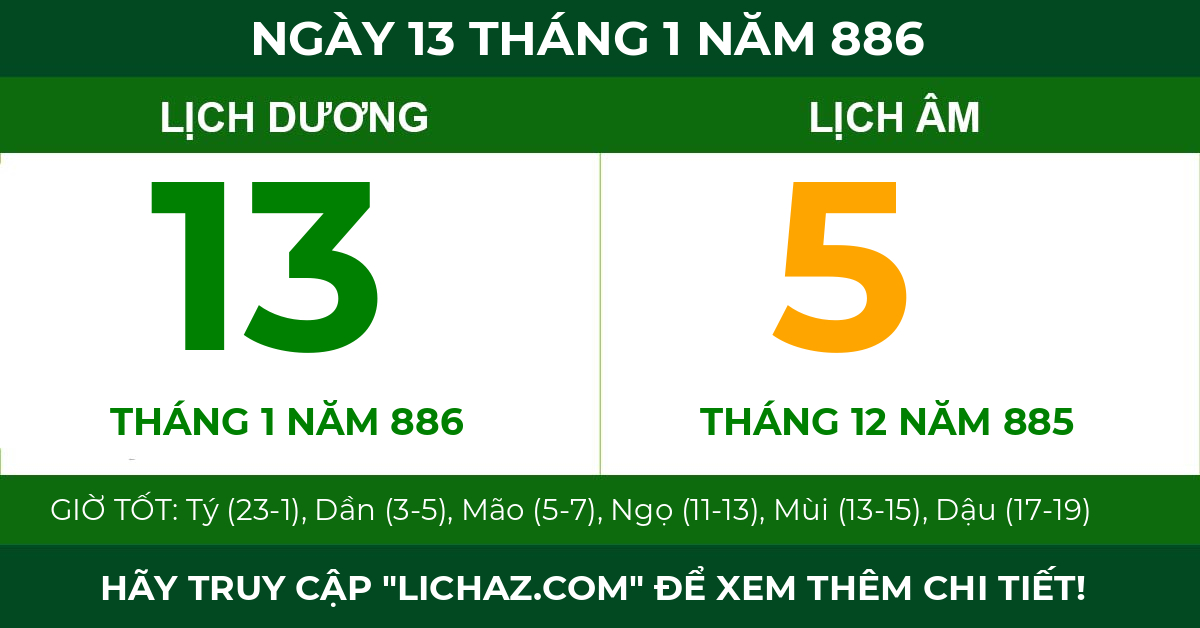 lịch âm ngày 13 tháng 1 năm 886