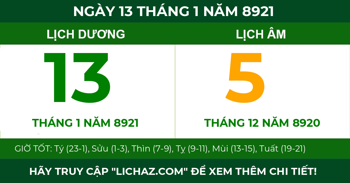 lịch âm ngày 13 tháng 1 năm 8921