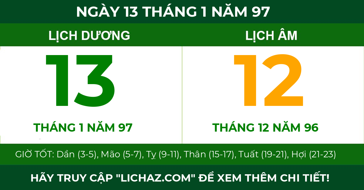 lịch âm ngày 13 tháng 1 năm 97