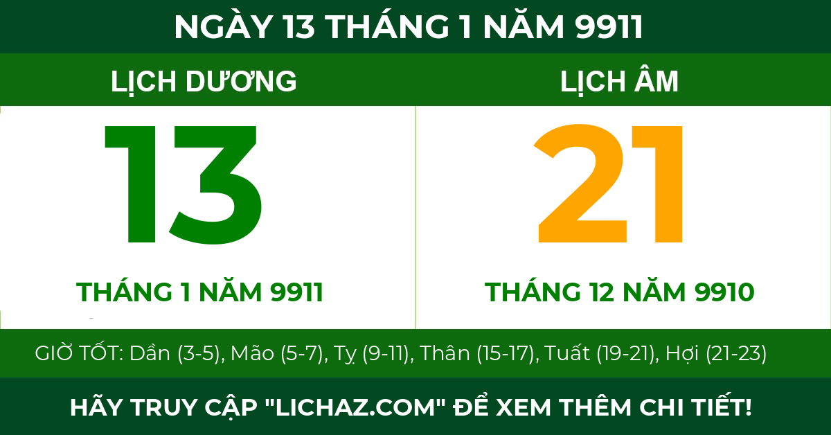 lịch âm ngày 13 tháng 1 năm 9911