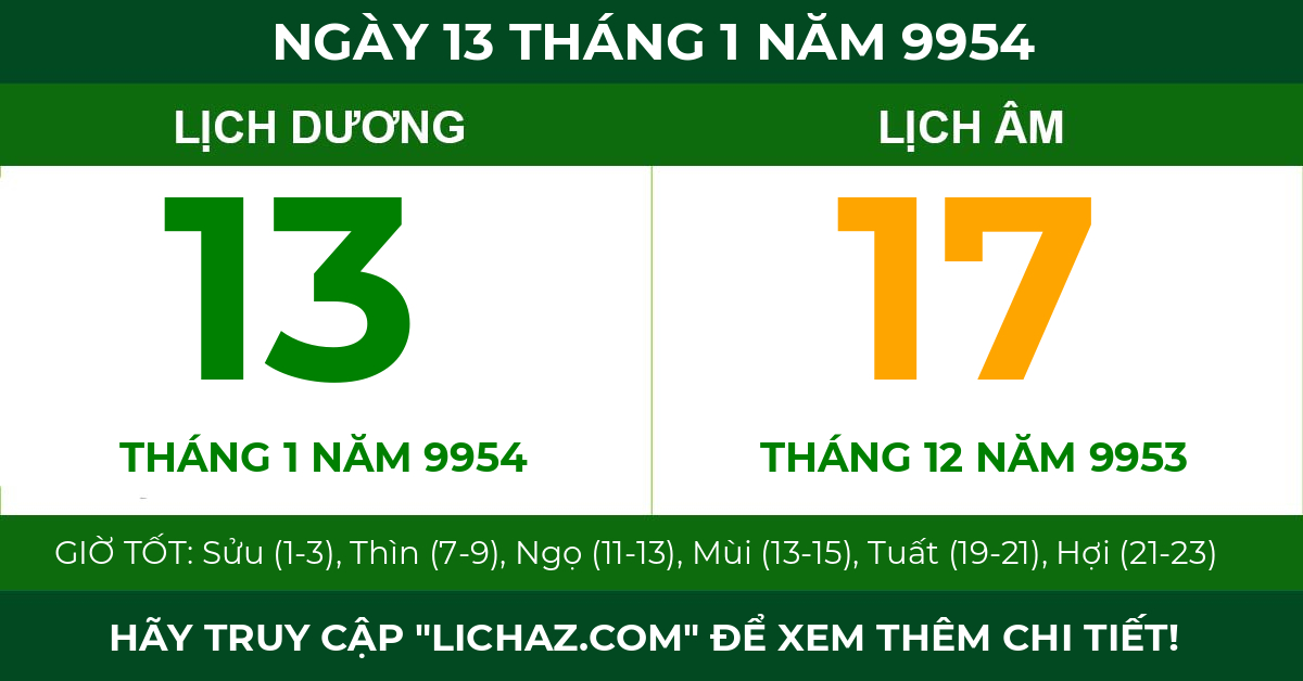 lịch âm ngày 13 tháng 1 năm 9954