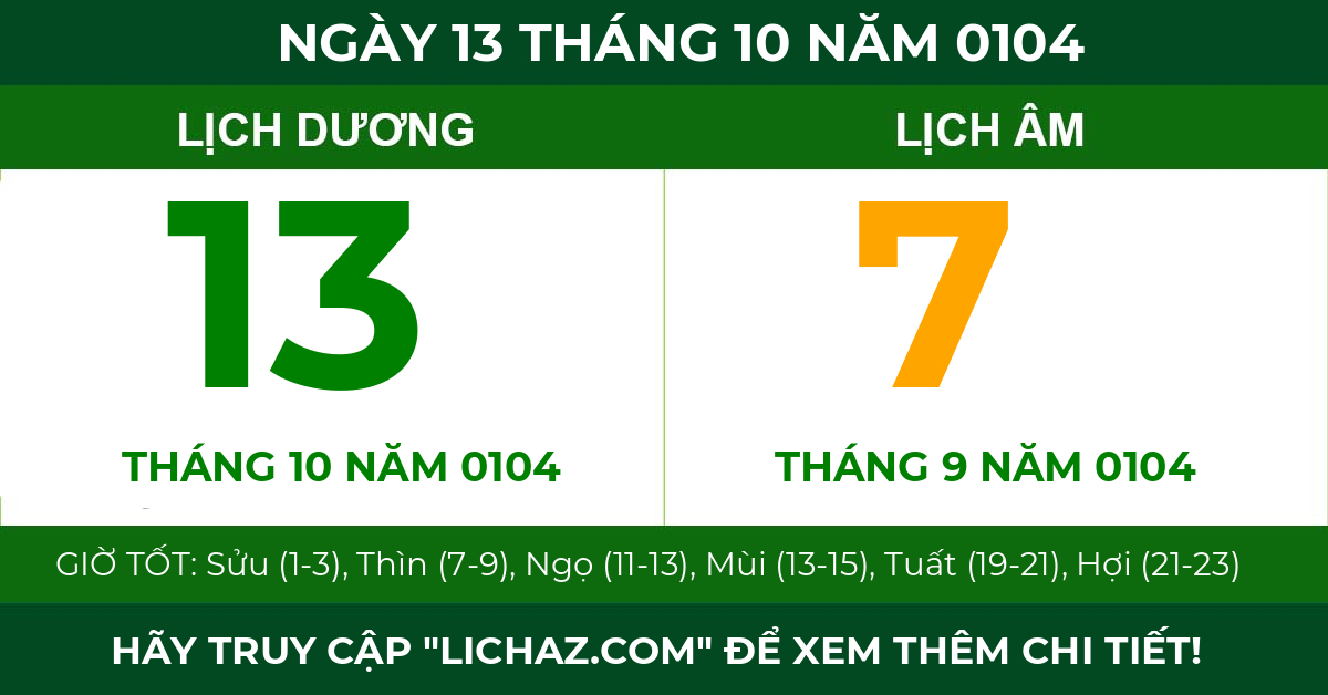 lịch âm ngày 13 tháng 10 năm 0104
