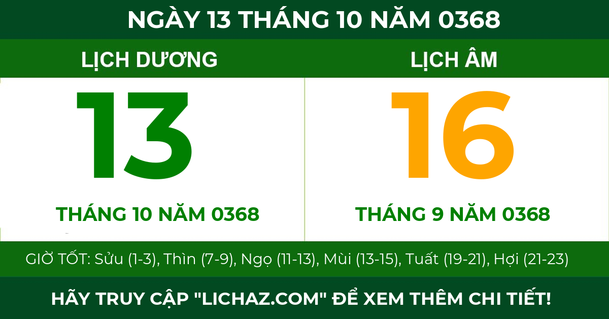 lịch âm ngày 13 tháng 10 năm 0368