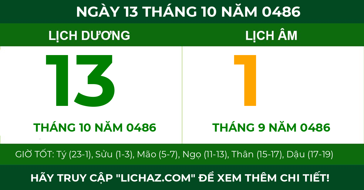 lịch âm ngày 13 tháng 10 năm 0486
