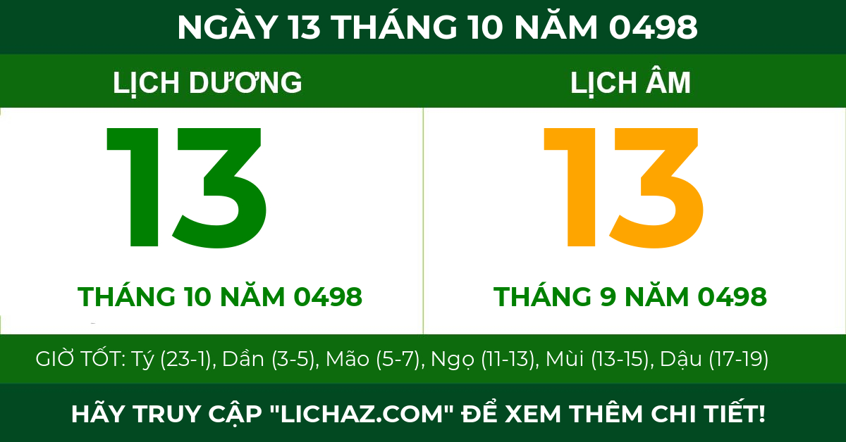lịch âm ngày 13 tháng 10 năm 0498