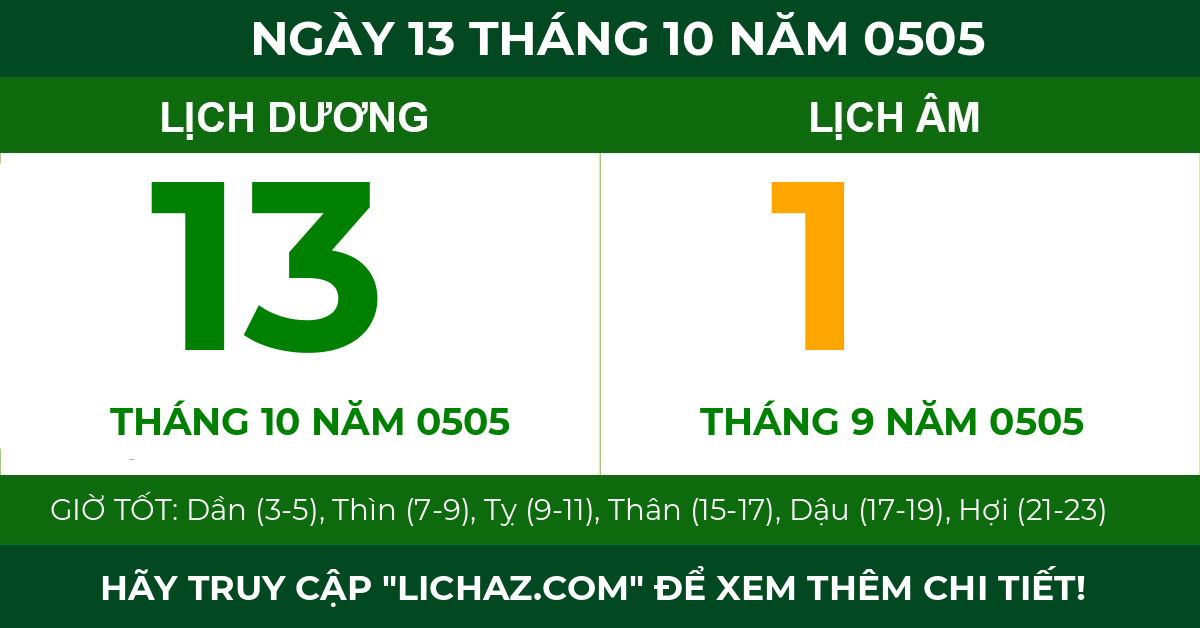 lịch âm ngày 13 tháng 10 năm 0505