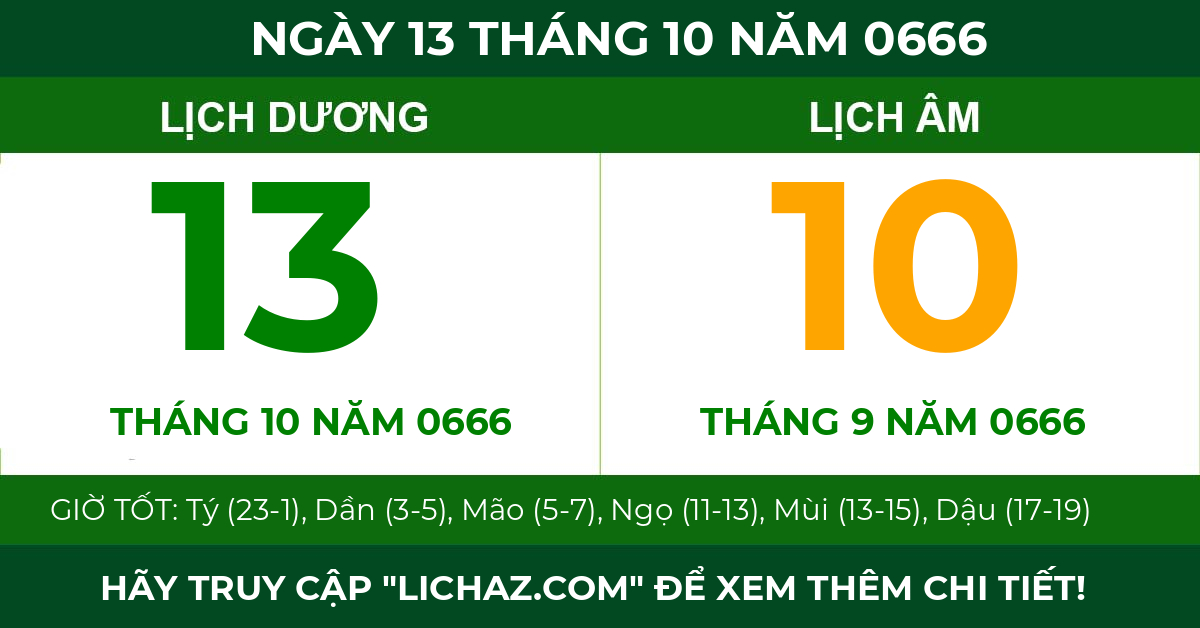 lịch âm ngày 13 tháng 10 năm 0666