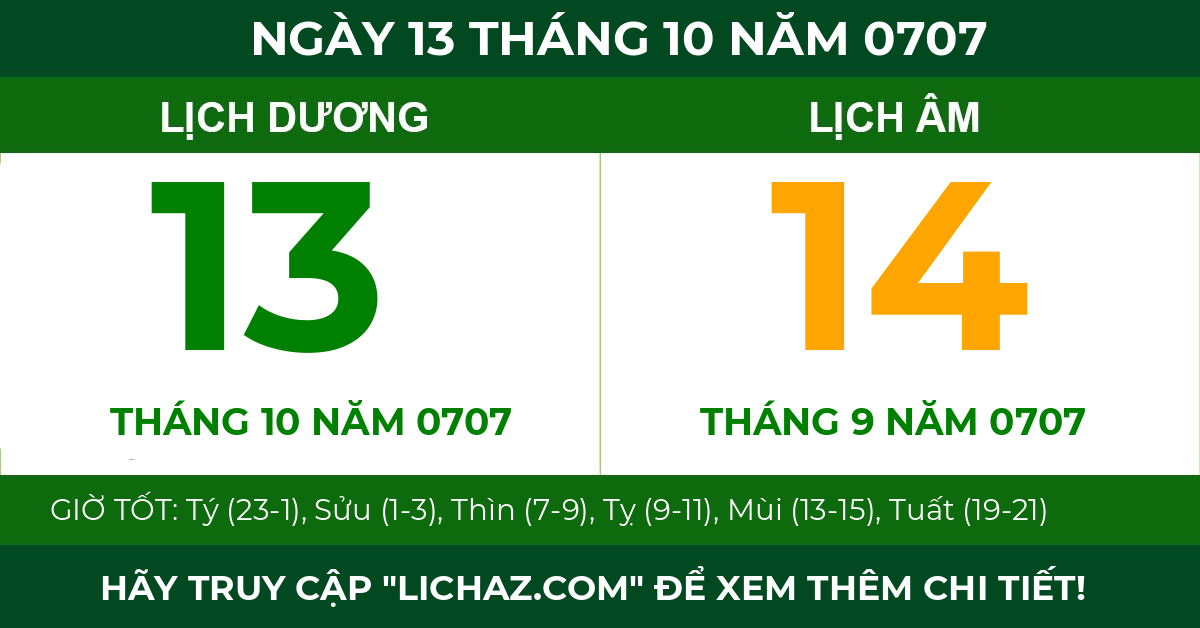 lịch âm ngày 13 tháng 10 năm 0707