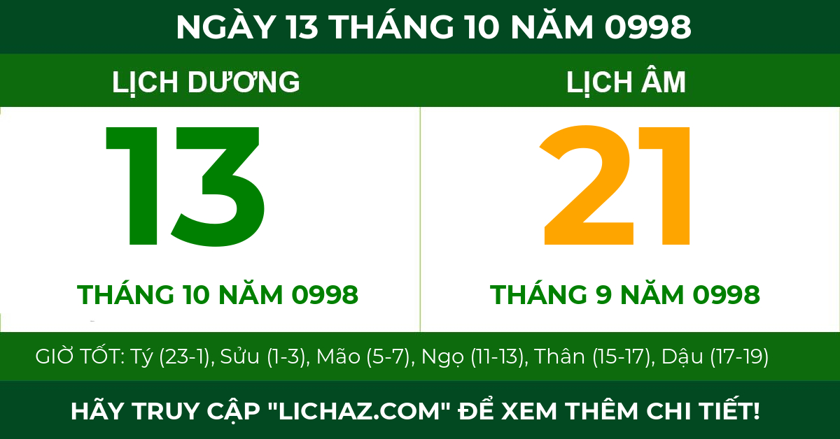 lịch âm ngày 13 tháng 10 năm 0998